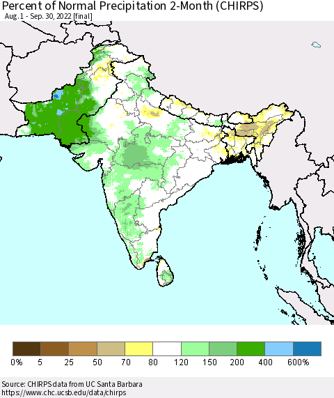 Southern Asia Percent of Normal Precipitation 2-Month (CHIRPS) Thematic Map For 8/1/2022 - 9/30/2022