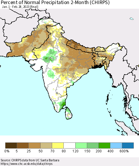 Southern Asia Percent of Normal Precipitation 2-Month (CHIRPS) Thematic Map For 1/1/2023 - 2/28/2023