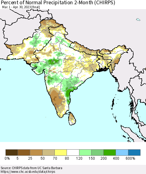 Southern Asia Percent of Normal Precipitation 2-Month (CHIRPS) Thematic Map For 3/1/2023 - 4/30/2023