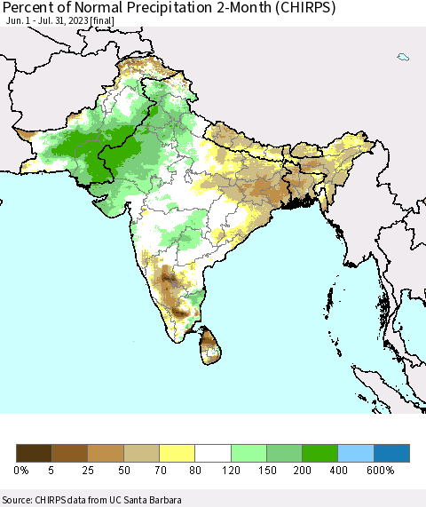 Southern Asia Percent of Normal Precipitation 2-Month (CHIRPS) Thematic Map For 6/1/2023 - 7/31/2023