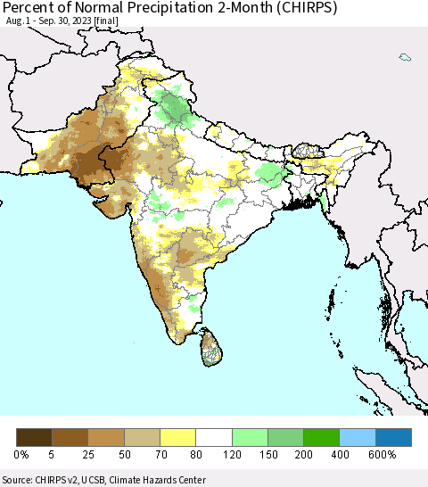 Southern Asia Percent of Normal Precipitation 2-Month (CHIRPS) Thematic Map For 8/1/2023 - 9/30/2023