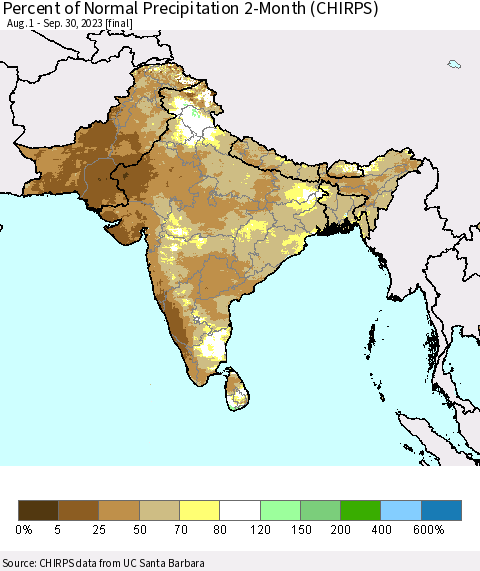 Southern Asia Percent of Normal Precipitation 2-Month (CHIRPS) Thematic Map For 8/1/2023 - 9/30/2023