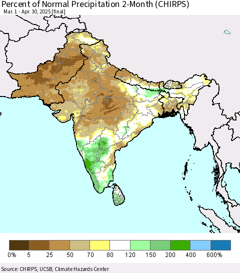 Southern Asia Percent of Normal Precipitation 2-Month (CHIRPS) Thematic Map For 3/1/2025 - 4/30/2025