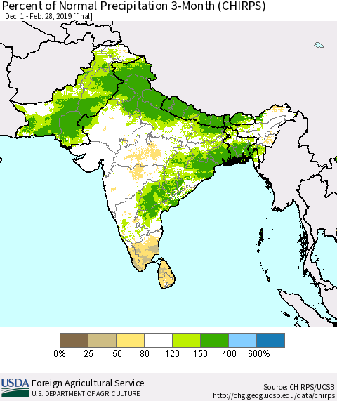 Southern Asia Percent of Normal Precipitation 3-Month (CHIRPS) Thematic Map For 12/1/2018 - 2/28/2019