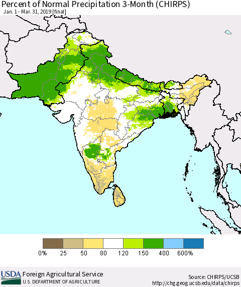 Southern Asia Percent of Normal Precipitation 3-Month (CHIRPS) Thematic Map For 1/1/2019 - 3/31/2019
