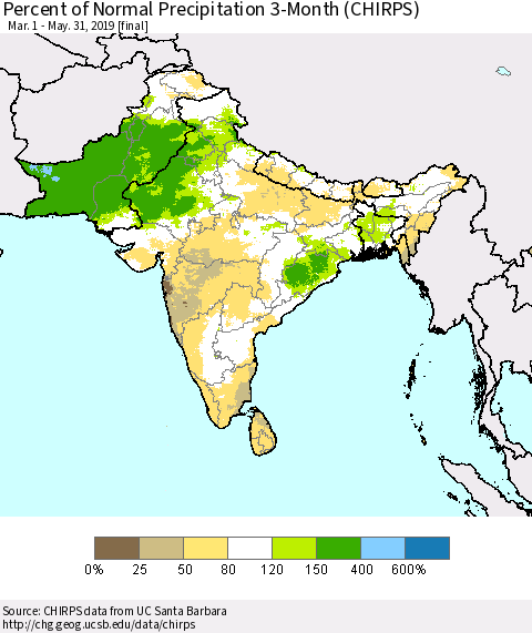 Southern Asia Percent of Normal Precipitation 3-Month (CHIRPS) Thematic Map For 3/1/2019 - 5/31/2019