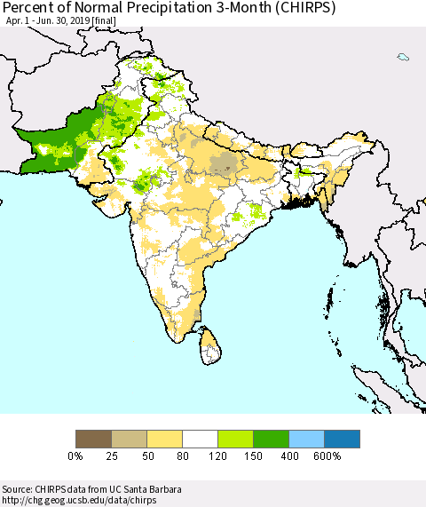 Southern Asia Percent of Normal Precipitation 3-Month (CHIRPS) Thematic Map For 4/1/2019 - 6/30/2019
