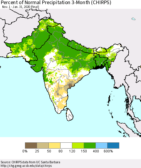 Southern Asia Percent of Normal Precipitation 3-Month (CHIRPS) Thematic Map For 11/1/2019 - 1/31/2020