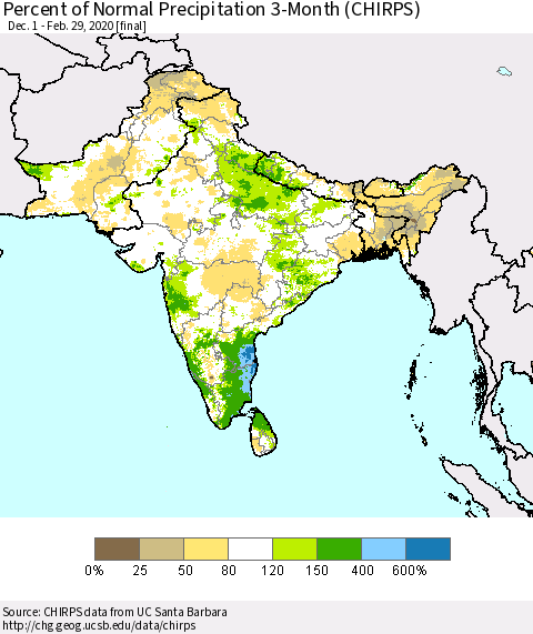 Southern Asia Percent of Normal Precipitation 3-Month (CHIRPS) Thematic Map For 12/1/2019 - 2/29/2020