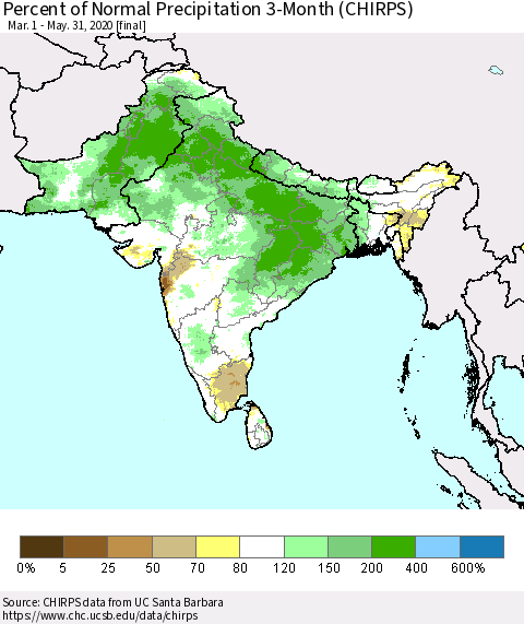 Southern Asia Percent of Normal Precipitation 3-Month (CHIRPS) Thematic Map For 3/1/2020 - 5/31/2020