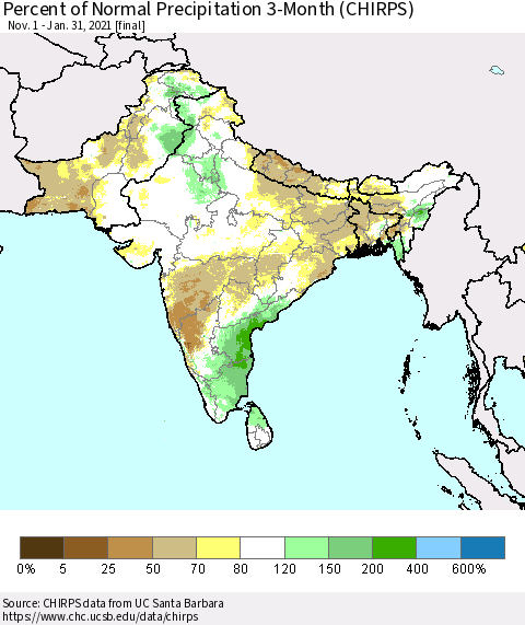 Southern Asia Percent of Normal Precipitation 3-Month (CHIRPS) Thematic Map For 11/1/2020 - 1/31/2021