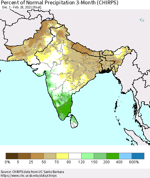 Southern Asia Percent of Normal Precipitation 3-Month (CHIRPS) Thematic Map For 12/1/2020 - 2/28/2021