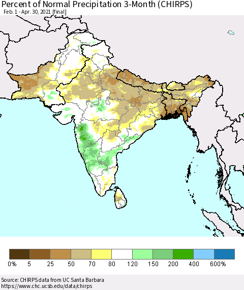 Southern Asia Percent of Normal Precipitation 3-Month (CHIRPS) Thematic Map For 2/1/2021 - 4/30/2021