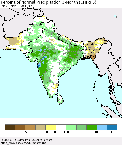Southern Asia Percent of Normal Precipitation 3-Month (CHIRPS) Thematic Map For 3/1/2021 - 5/31/2021