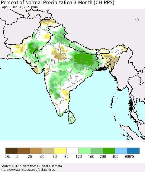 Southern Asia Percent of Normal Precipitation 3-Month (CHIRPS) Thematic Map For 4/1/2021 - 6/30/2021