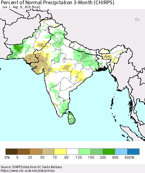 Southern Asia Percent of Normal Precipitation 3-Month (CHIRPS) Thematic Map For 6/1/2021 - 8/31/2021