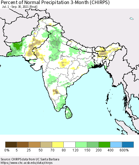 Southern Asia Percent of Normal Precipitation 3-Month (CHIRPS) Thematic Map For 7/1/2021 - 9/30/2021