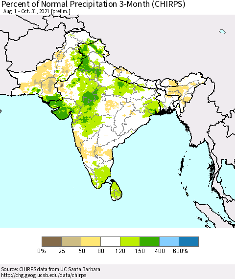 Southern Asia Percent of Normal Precipitation 3-Month (CHIRPS) Thematic Map For 8/1/2021 - 10/31/2021