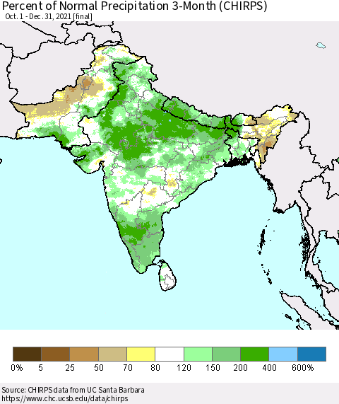 Southern Asia Percent of Normal Precipitation 3-Month (CHIRPS) Thematic Map For 10/1/2021 - 12/31/2021