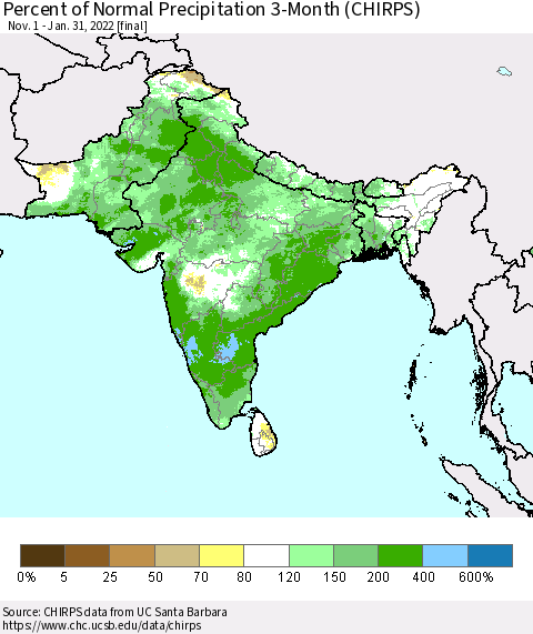 Southern Asia Percent of Normal Precipitation 3-Month (CHIRPS) Thematic Map For 11/1/2021 - 1/31/2022