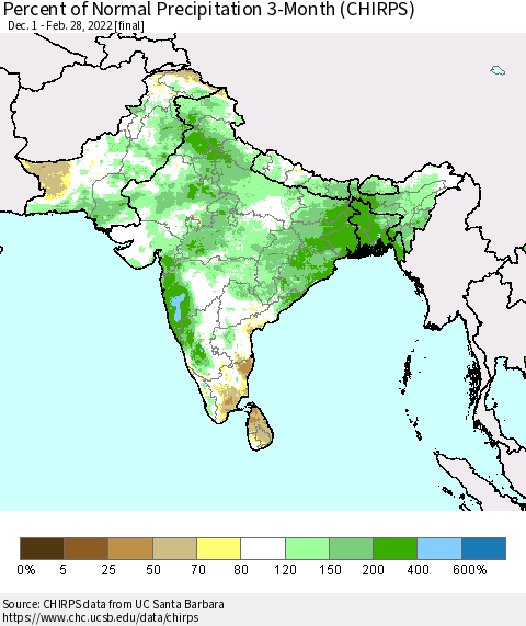 Southern Asia Percent of Normal Precipitation 3-Month (CHIRPS) Thematic Map For 12/1/2021 - 2/28/2022