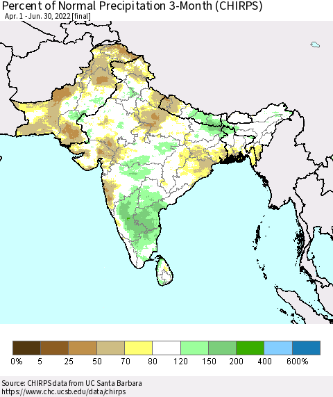 Southern Asia Percent of Normal Precipitation 3-Month (CHIRPS) Thematic Map For 4/1/2022 - 6/30/2022