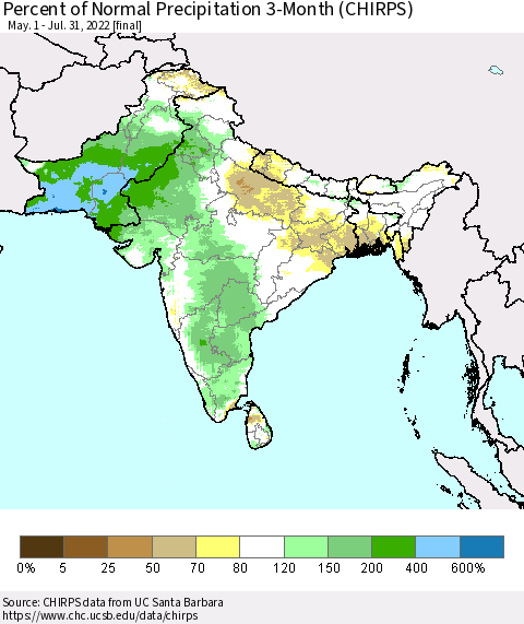 Southern Asia Percent of Normal Precipitation 3-Month (CHIRPS) Thematic Map For 5/1/2022 - 7/31/2022