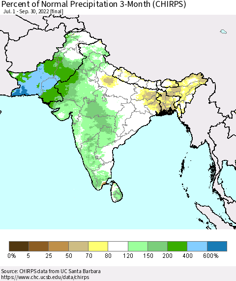 Southern Asia Percent of Normal Precipitation 3-Month (CHIRPS) Thematic Map For 7/1/2022 - 9/30/2022