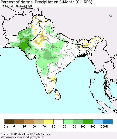 Southern Asia Percent of Normal Precipitation 3-Month (CHIRPS) Thematic Map For 8/1/2022 - 10/31/2022