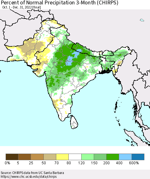 Southern Asia Percent of Normal Precipitation 3-Month (CHIRPS) Thematic Map For 10/1/2022 - 12/31/2022