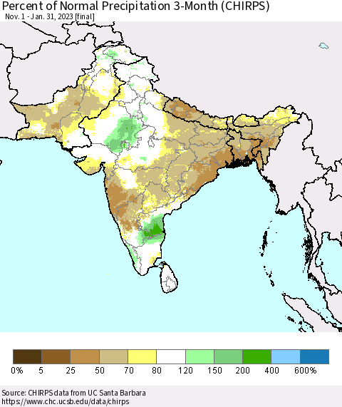 Southern Asia Percent of Normal Precipitation 3-Month (CHIRPS) Thematic Map For 11/1/2022 - 1/31/2023
