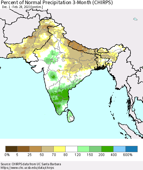 Southern Asia Percent of Normal Precipitation 3-Month (CHIRPS) Thematic Map For 12/1/2022 - 2/28/2023