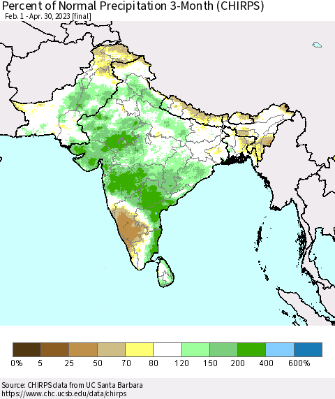 Southern Asia Percent of Normal Precipitation 3-Month (CHIRPS) Thematic Map For 2/1/2023 - 4/30/2023
