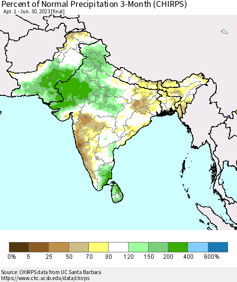Southern Asia Percent of Normal Precipitation 3-Month (CHIRPS) Thematic Map For 4/1/2023 - 6/30/2023