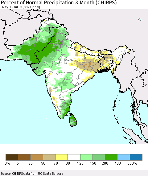Southern Asia Percent of Normal Precipitation 3-Month (CHIRPS) Thematic Map For 5/1/2023 - 7/31/2023