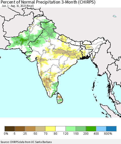 Southern Asia Percent of Normal Precipitation 3-Month (CHIRPS) Thematic Map For 6/1/2023 - 8/31/2023