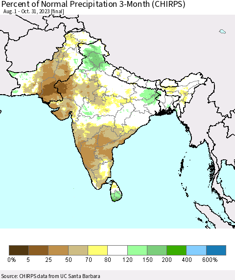 Southern Asia Percent of Normal Precipitation 3-Month (CHIRPS) Thematic Map For 8/1/2023 - 10/31/2023