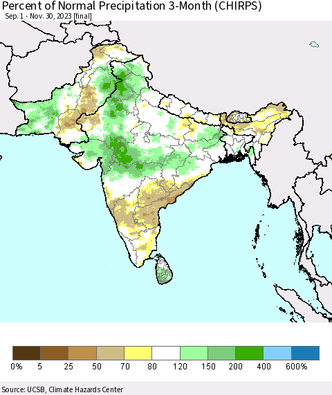 Southern Asia Percent of Normal Precipitation 3-Month (CHIRPS) Thematic Map For 9/1/2023 - 11/30/2023