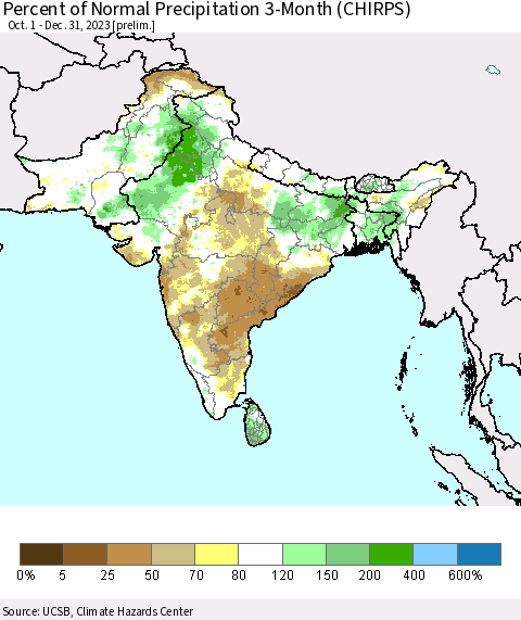 Southern Asia Percent of Normal Precipitation 3-Month (CHIRPS) Thematic Map For 10/1/2023 - 12/31/2023