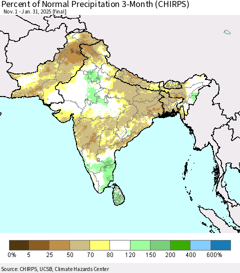 Southern Asia Percent of Normal Precipitation 3-Month (CHIRPS) Thematic Map For 11/1/2024 - 1/31/2025