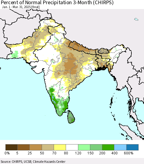 Southern Asia Percent of Normal Precipitation 3-Month (CHIRPS) Thematic Map For 1/1/2025 - 3/31/2025