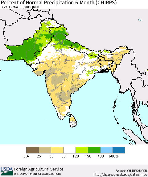 Southern Asia Percent of Normal Precipitation 6-Month (CHIRPS) Thematic Map For 10/1/2018 - 3/31/2019