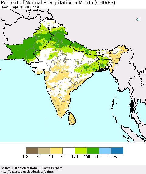 Southern Asia Percent of Normal Precipitation 6-Month (CHIRPS) Thematic Map For 11/1/2018 - 4/30/2019
