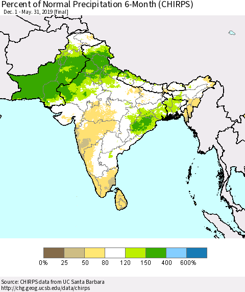 Southern Asia Percent of Normal Precipitation 6-Month (CHIRPS) Thematic Map For 12/1/2018 - 5/31/2019