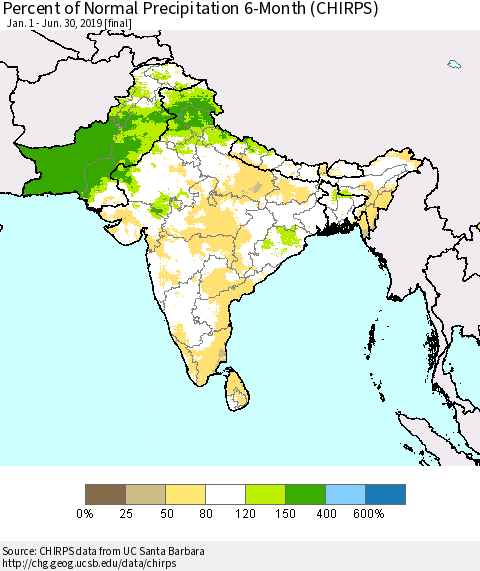 Southern Asia Percent of Normal Precipitation 6-Month (CHIRPS) Thematic Map For 1/1/2019 - 6/30/2019