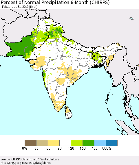 Southern Asia Percent of Normal Precipitation 6-Month (CHIRPS) Thematic Map For 2/1/2019 - 7/31/2019