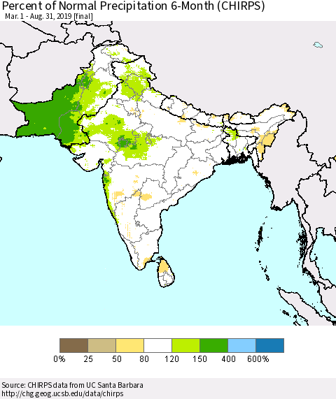 Southern Asia Percent of Normal Precipitation 6-Month (CHIRPS) Thematic Map For 3/1/2019 - 8/31/2019