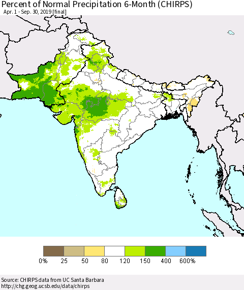 Southern Asia Percent of Normal Precipitation 6-Month (CHIRPS) Thematic Map For 4/1/2019 - 9/30/2019