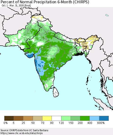 Southern Asia Percent of Normal Precipitation 6-Month (CHIRPS) Thematic Map For 10/1/2019 - 3/31/2020