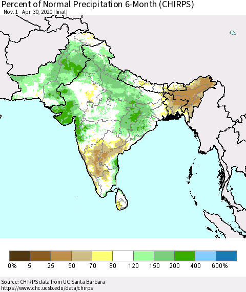Southern Asia Percent of Normal Precipitation 6-Month (CHIRPS) Thematic Map For 11/1/2019 - 4/30/2020